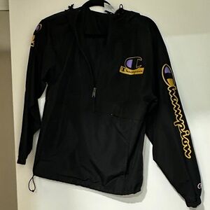 Champion Black Jacket with Purple and Gold Accents